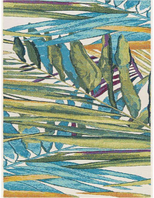 A vibrant 8 ft runner rug featuring an abstract botanical pattern with large green, blue, and yellow leaves on a white background, suitable for a hallway or patio.