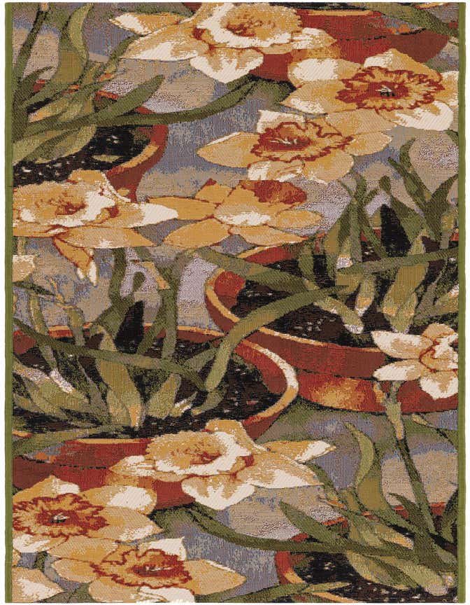 A multi-colored 6 ft runner rug featuring a modern floral pattern with yellow and white daffodils in terracotta pots, surrounded by green leaves, on a light blue and brown background.