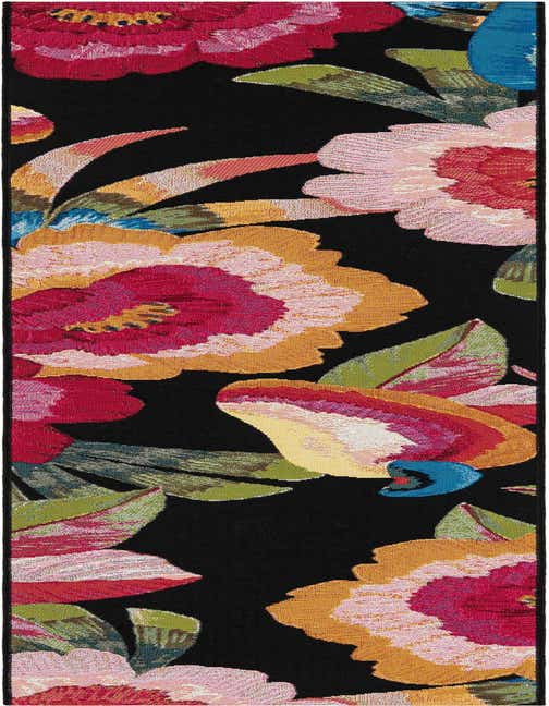 A vibrant 8 ft runner rug with a modern floral pattern on a black background, featuring large multi-colored blooms and green leaves, suitable for a hallway or patio.