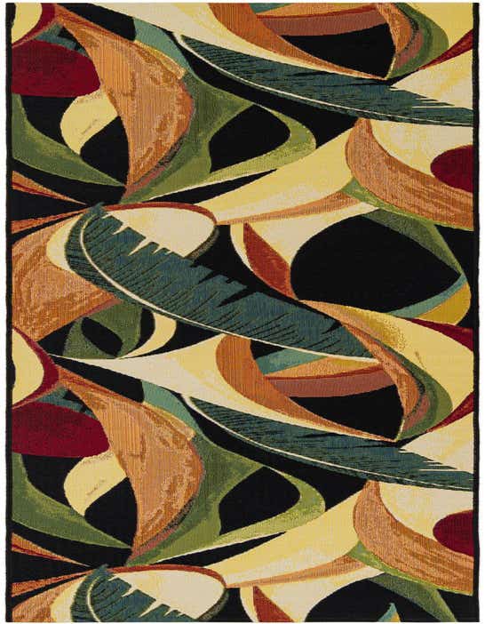 A 10 ft runner rug featuring a modern botanical pattern with large leaves in shades of green, yellow, orange, and red on a black background.