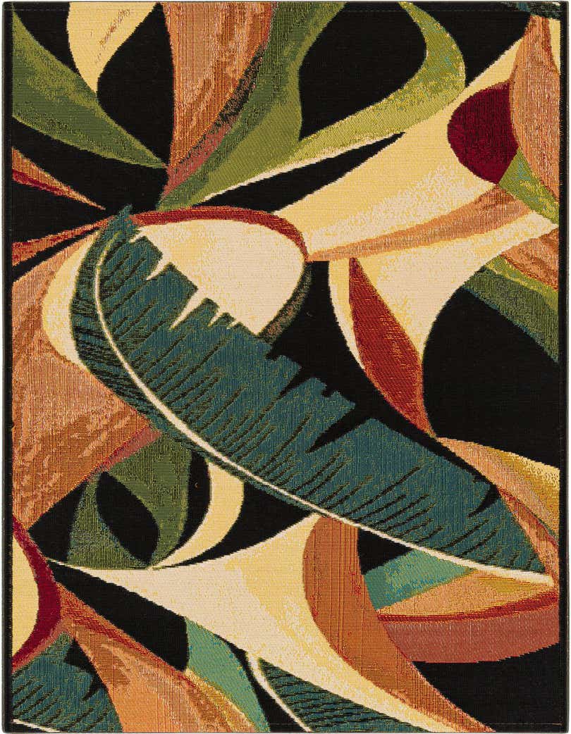 A 5 ft runner rug with a modern floral pattern featuring large multi-colored leaves in shades of green, yellow, orange, and red on a black background.