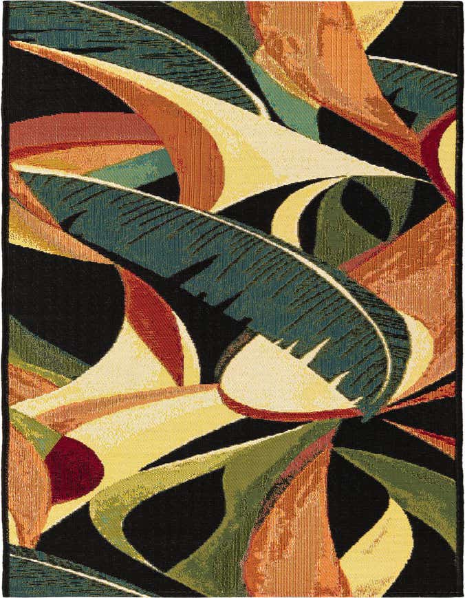 A 6 ft runner rug with a modern, multi-colored botanical pattern featuring large teal, orange, yellow, and green leaves on a black background.