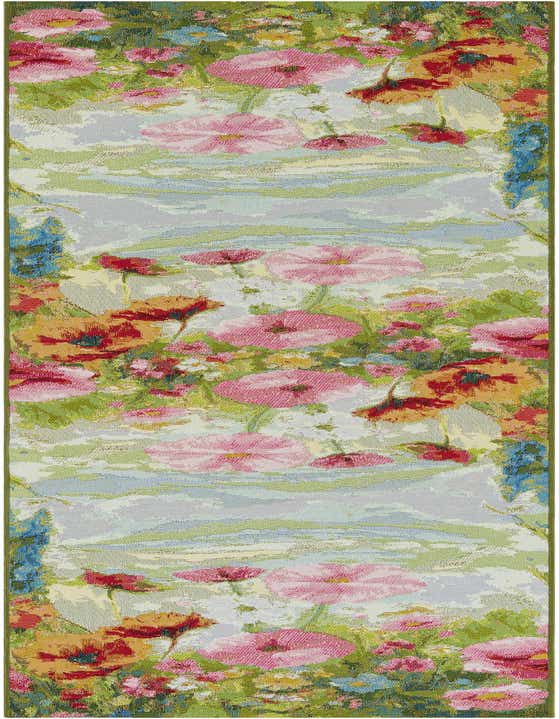 A 10 ft runner rug featuring a vibrant, multi-colored modern floral pattern with large pink, orange, and red flowers against a light blue and green background.