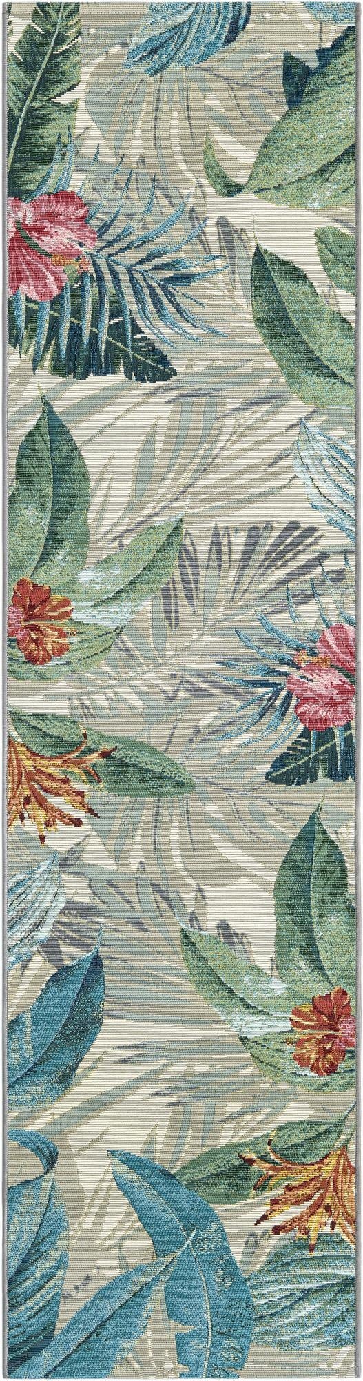 A multi-colored 8 ft runner rug featuring a vibrant botanical pattern with large green, blue, and beige leaves and red-orange flowers.