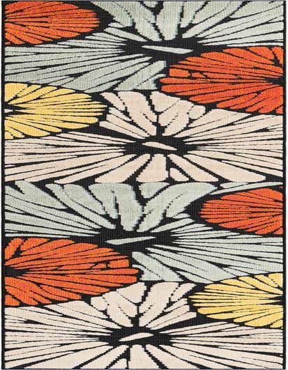 A 12 ft runner rug with a modern floral pattern in black, orange, yellow, light blue, and beige, suitable for hallways or patios.