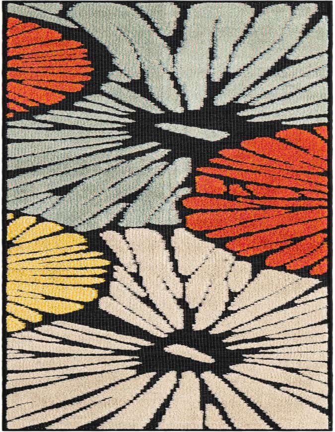 A 6 ft runner rug with a modern floral pattern in orange, light blue, yellow, and cream on a black background.