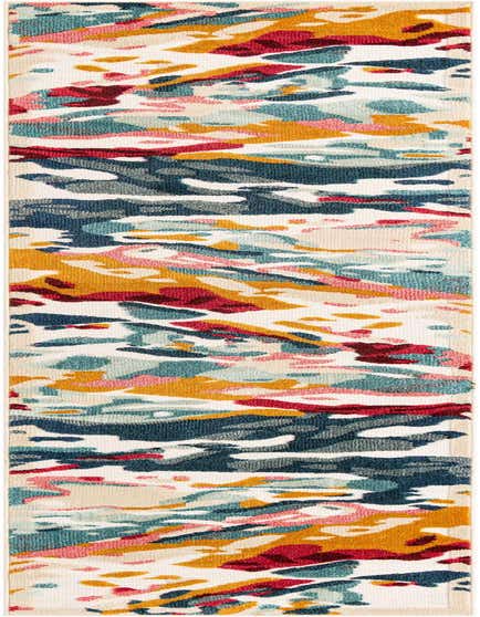 A 12 ft runner rug with a modern, abstract multi-colored pattern in shades of blue, red, pink, and yellow on a cream background.