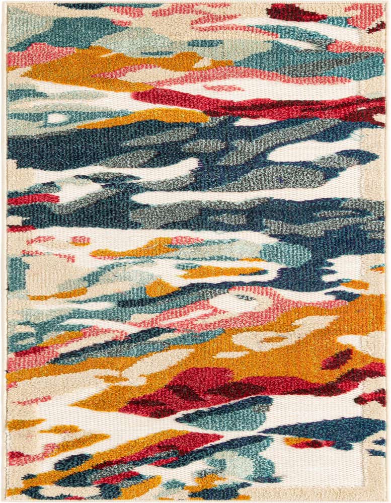A 5 ft runner rug with a modern, abstract pattern in multi-colors including red, orange, blue, and teal on a cream background.