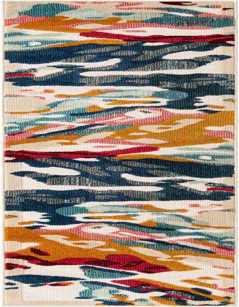 A vibrant 8 ft runner rug with a modern abstract pattern in multi-colored hues of gold, teal, pink, and deep blue on a cream background.
