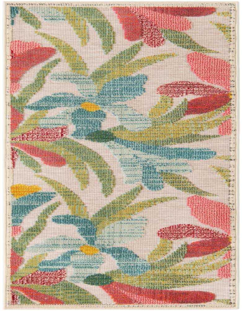 A multi-colored modern runner rug with a vibrant floral pattern on a light background, ideal for a hallway or patio.