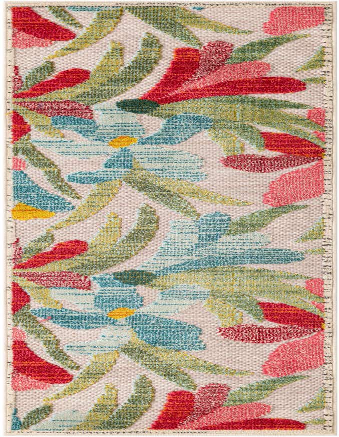 A 6 ft runner rug with a vibrant, multi-colored modern floral and leaf pattern on a light background, suitable for hallways or patios.