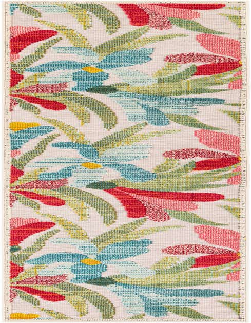 A multi-colored modern runner rug with a vibrant floral pattern featuring red, blue, green, and yellow on a light background, perfect for a hallway or patio.