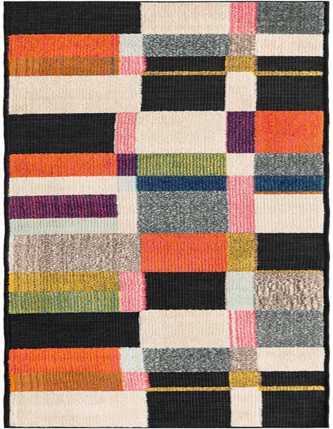 A vibrant 8 ft runner rug with a modern, multi-colored geometric block pattern, ideal for hallways or patios.