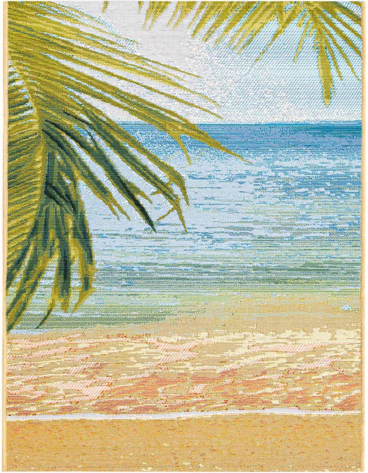 A vibrant 5 ft runner rug depicting a beach scene with green palm fronds, blue ocean, and sandy shore.