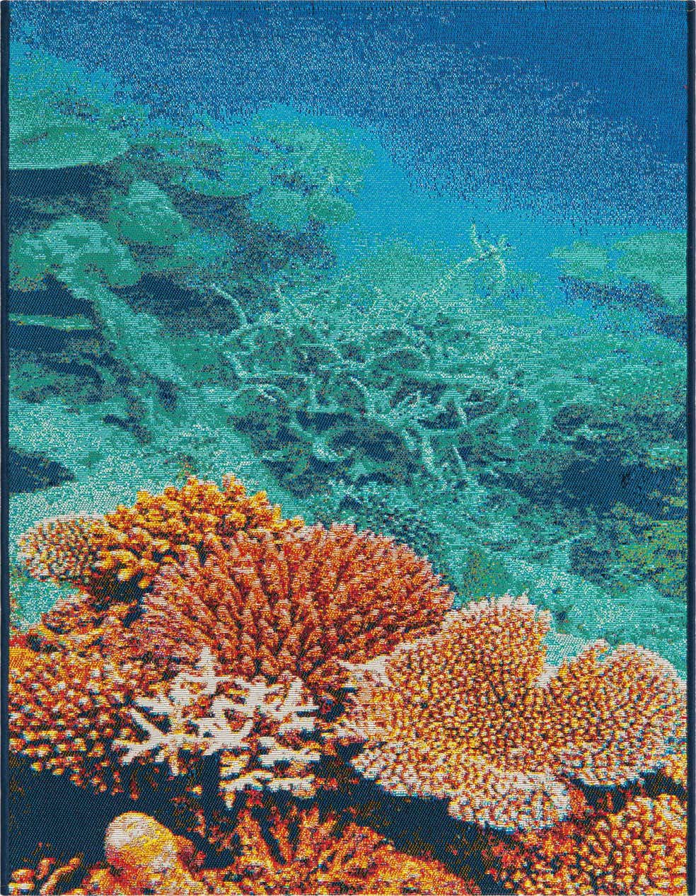 A 5 ft runner rug with a vibrant underwater coral reef pattern in orange, blue, and teal, suitable for a hallway or patio.