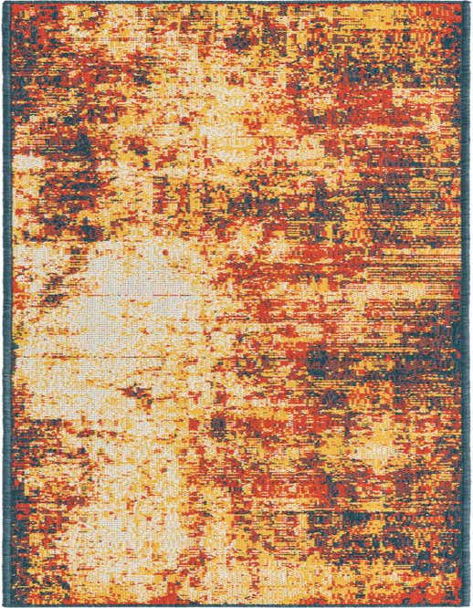 A multi-colored 8 ft runner rug with an abstract, textured pattern in shades of orange, yellow, and dark blue, suitable for indoor or outdoor use.