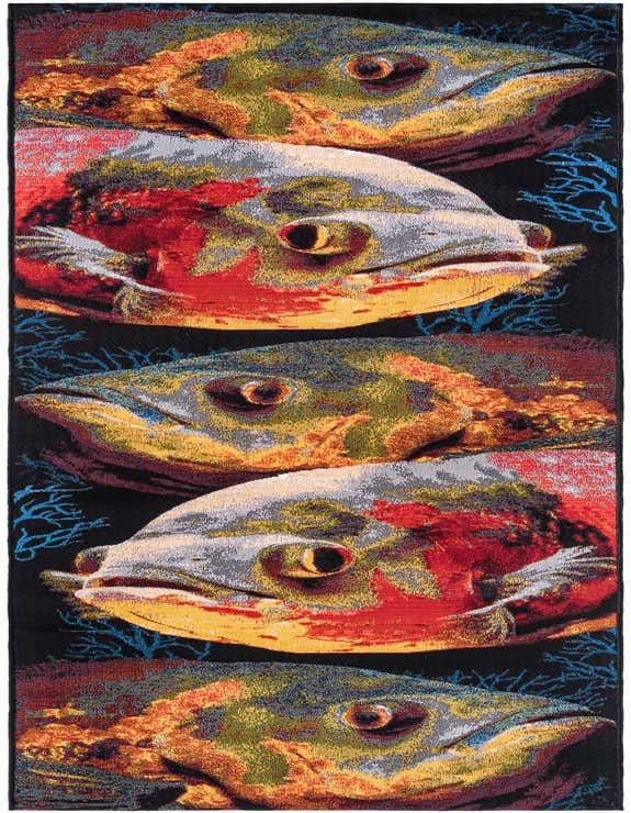 A 10 ft runner rug featuring a vibrant, repeating pattern of large, multi-colored fish against a black background with blue coral.
