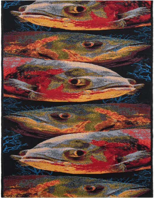 A multi-colored 8 ft runner rug featuring a repeating pattern of vibrant fish with red, orange, yellow, and blue accents on a black background, suitable for a hallway or kitchen.