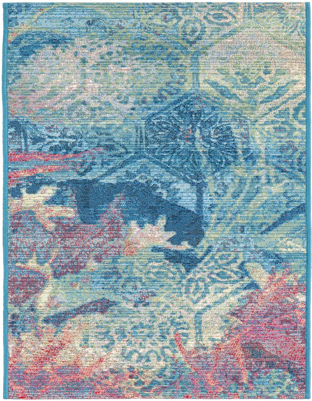 A 4 ft runner rug with a multi-colored abstract coastal pattern in shades of blue, red, and green, suitable for a hallway or patio.