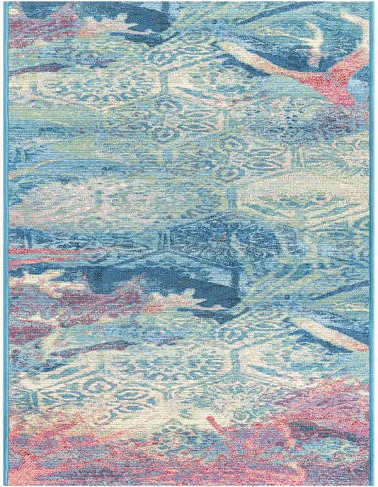 A multi-colored 8 ft runner rug featuring an abstract coastal pattern in shades of blue, red, and cream, suitable for indoor or outdoor use.