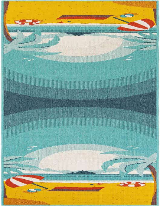 A vibrant 10 ft runner rug depicting a beach scene with palm trees, a large sun, and beach umbrellas on yellow sand and blue water, suitable for a patio or hallway.