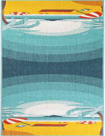 A 12 ft runner rug with a vibrant coastal scene: yellow sand, blue ocean waves, palm trees, beach umbrellas, and a life preserver.