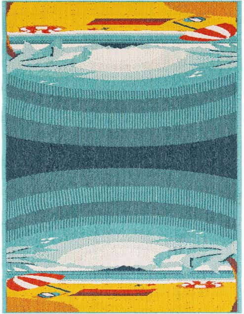 A colorful 8 ft runner rug depicting a vibrant beach scene with waves, sand, palm trees, and beach umbrellas.