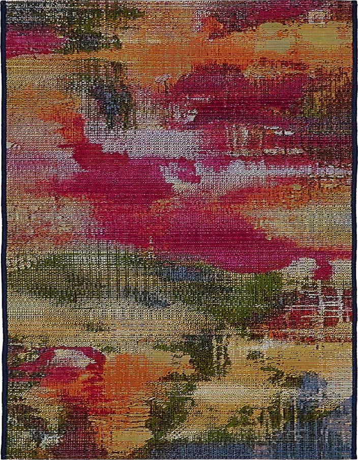 A vibrant 6 ft runner rug with an abstract, multi-colored pattern featuring shades of fuchsia, orange, green, and gold, suitable for indoor/outdoor use.