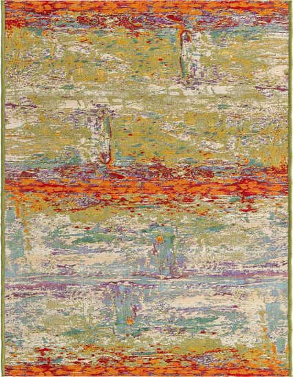 A vibrant 12 ft runner rug with an abstract, multi-colored pattern featuring splashes of orange, red, green, and purple, suitable for a hallway or patio.