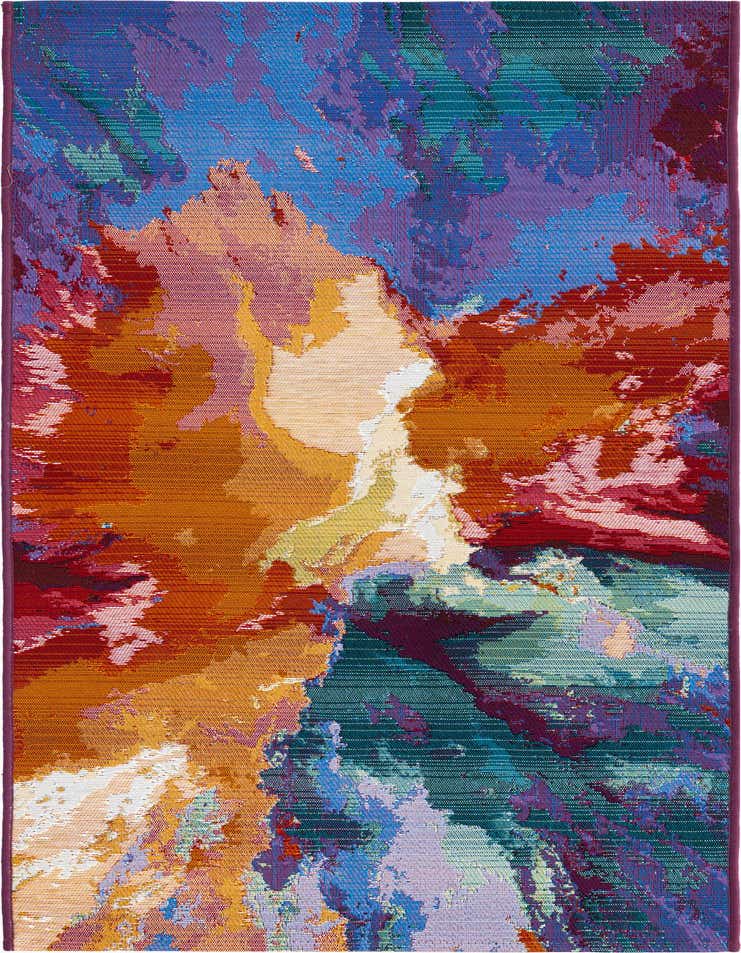 A 6 ft runner rug featuring a vibrant, multi-colored abstract pattern with hues of orange, blue, purple, and green, suitable for indoor or outdoor use.