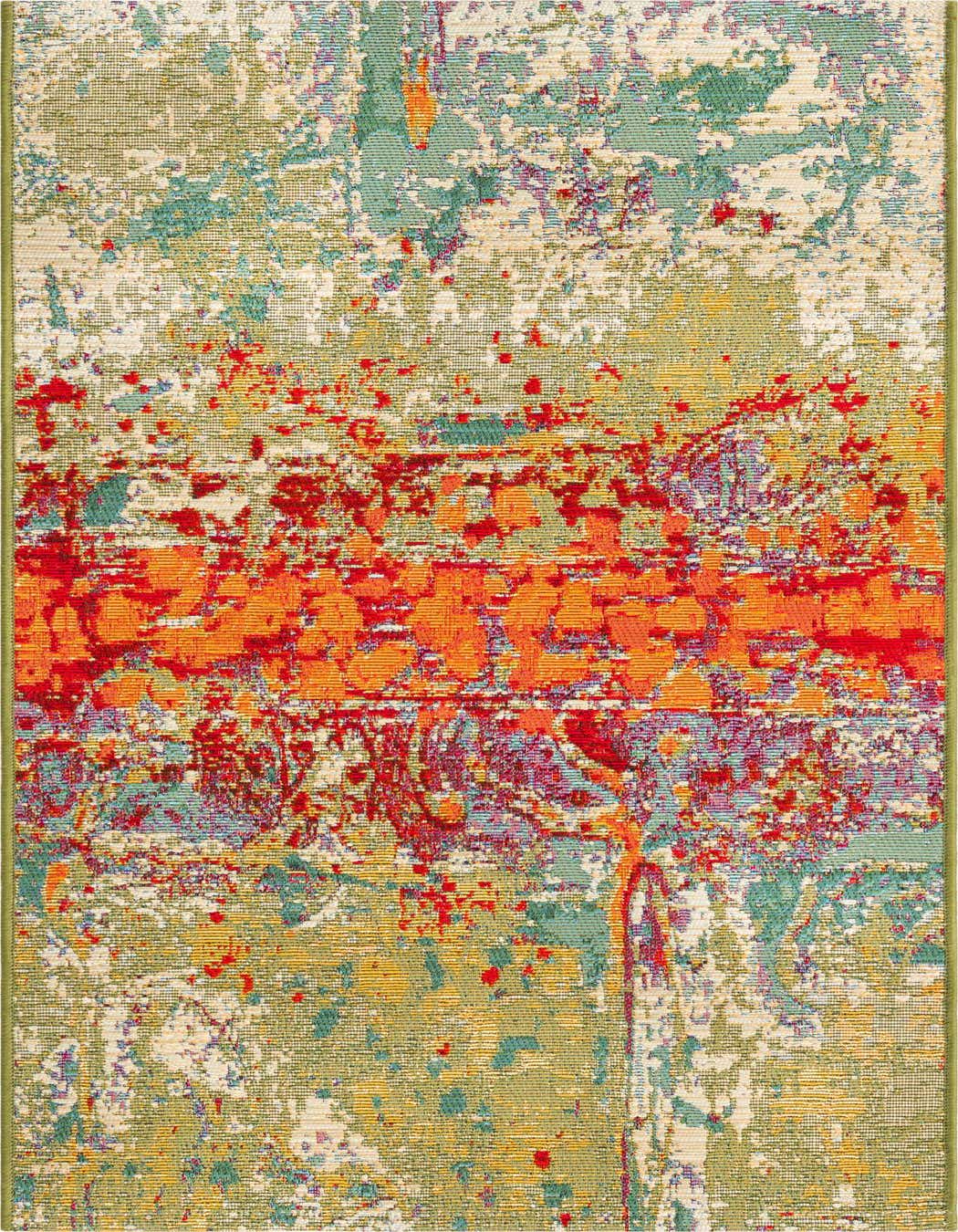 A 4 ft runner rug with an abstract, multi-colored pattern featuring bold orange and red stripes over a green and beige base, ideal for a hallway or patio.