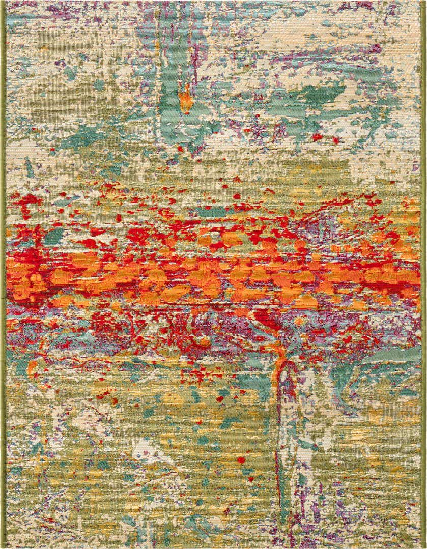 A 5 ft multi-colored runner rug with an abstract, painterly design featuring vibrant reds, oranges, greens, blues, and purples, suitable for a hallway or patio.