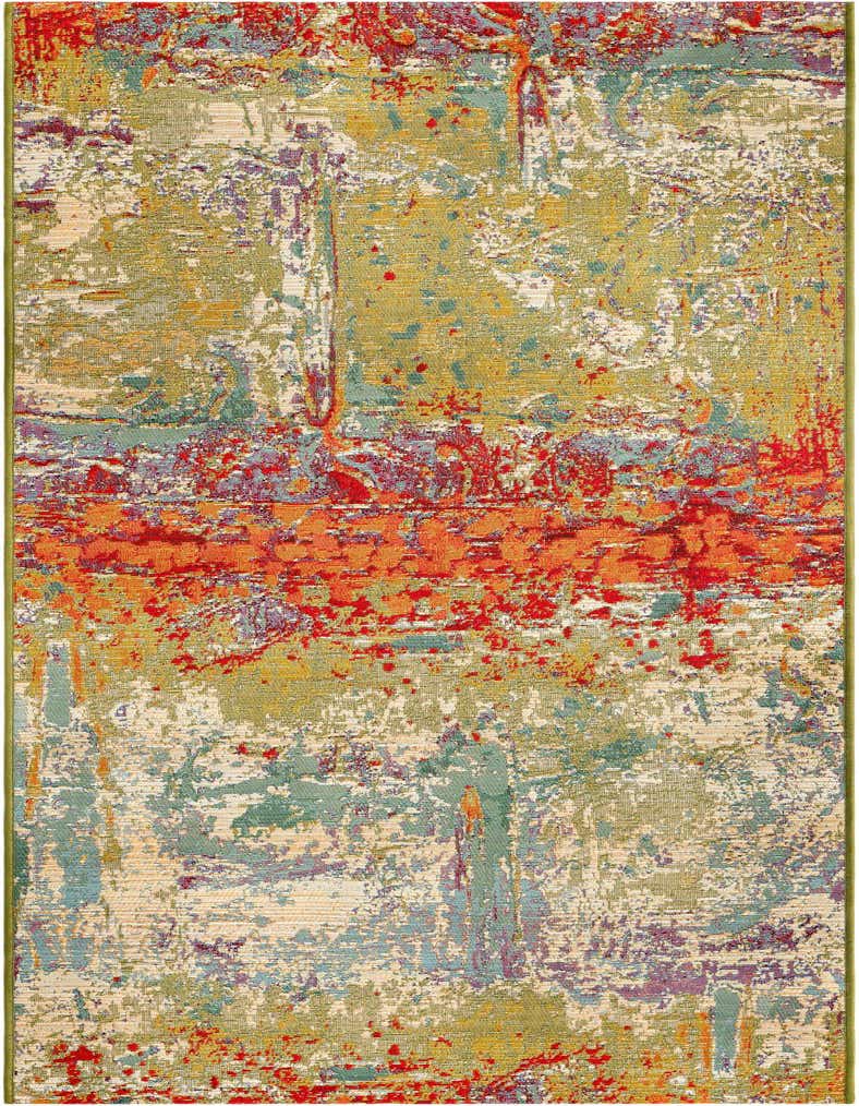 A 7 ft multi-colored runner rug with an abstract, distressed pattern in red, orange, green, blue, and cream, ideal for a hallway or patio.