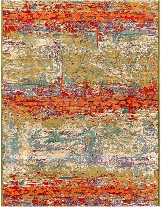 A multi-colored 9 ft runner rug with an abstract, distressed pattern in shades of orange, red, green, and blue.