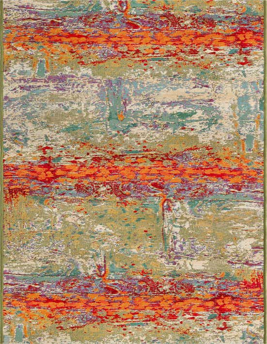 A 10 ft multi-colored runner rug with an abstract, painterly design featuring vibrant reds, oranges, teals, and purples on a neutral background.