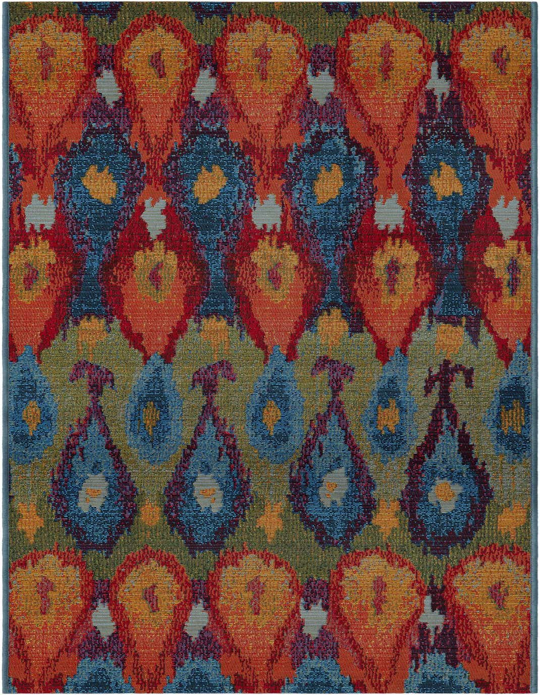 A 5 ft runner rug featuring a vibrant multi-colored ikat pattern in shades of orange, red, blue, and green, suitable for hallways or patios.