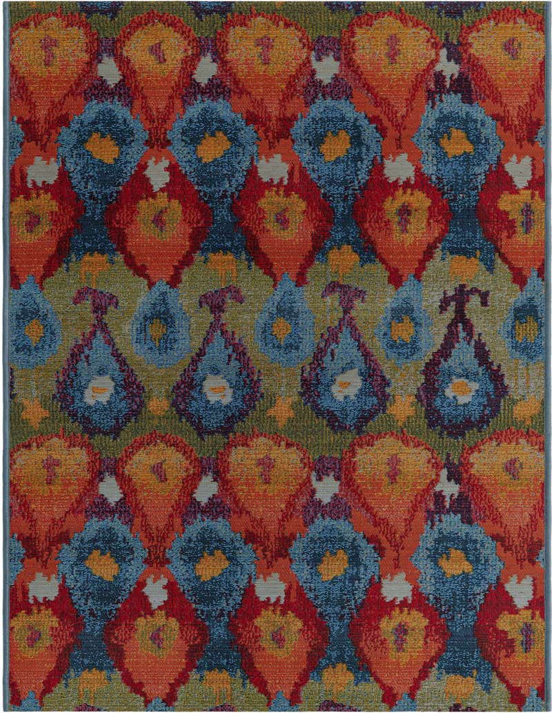 A 7 ft runner rug featuring a vibrant, multi-colored ikat pattern with shades of red, blue, orange, and green, suitable for a hallway or patio.
