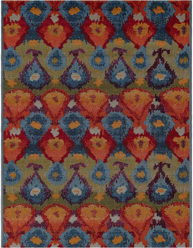 A vibrant multi-colored 9 ft runner rug featuring an ikat-inspired pattern in shades of blue, orange, red, and green.