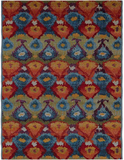A vibrant 11 ft multi-colored runner rug featuring an abstract ikat pattern in red, blue, orange, and green hues, ideal for a hallway or patio.