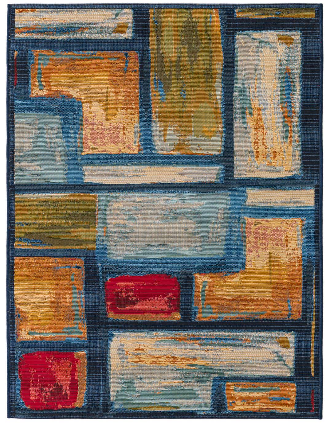 A 5 ft runner rug with a modern abstract pattern in multi-colored blocks of blue, orange, red, and beige, suitable for a hallway or patio.