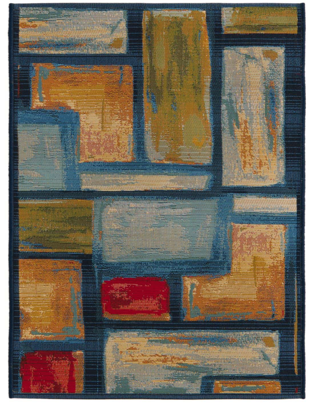 A 4 ft runner rug featuring a modern abstract pattern with multi-colored blocks of blue, orange, red, and green on a dark blue background.
