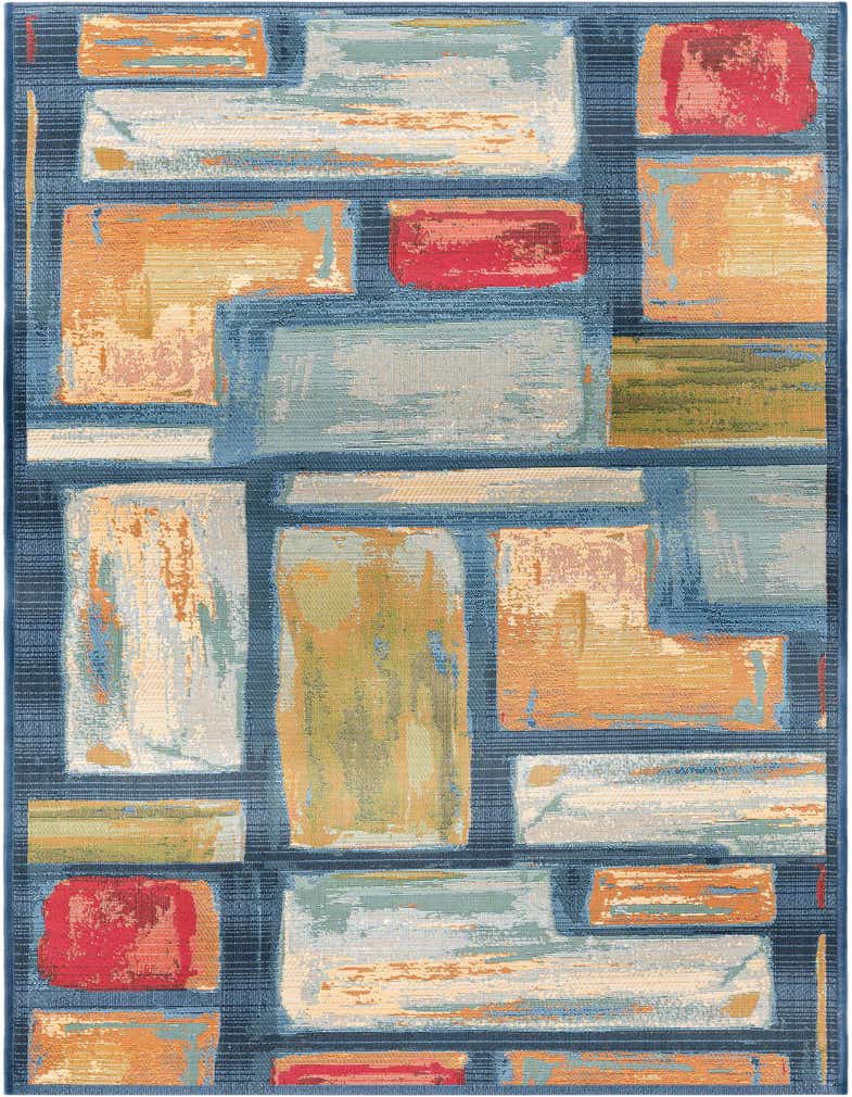 A 7 ft runner rug with a modern abstract pattern of multi-colored rectangular blocks on a blue background, suitable for a hallway or patio.