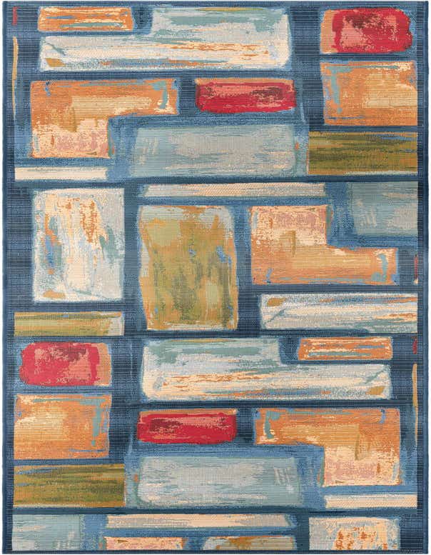 A 9 ft runner rug with a modern abstract pattern in multi-colors including blue, orange, red, and green rectangles on a dark blue background.