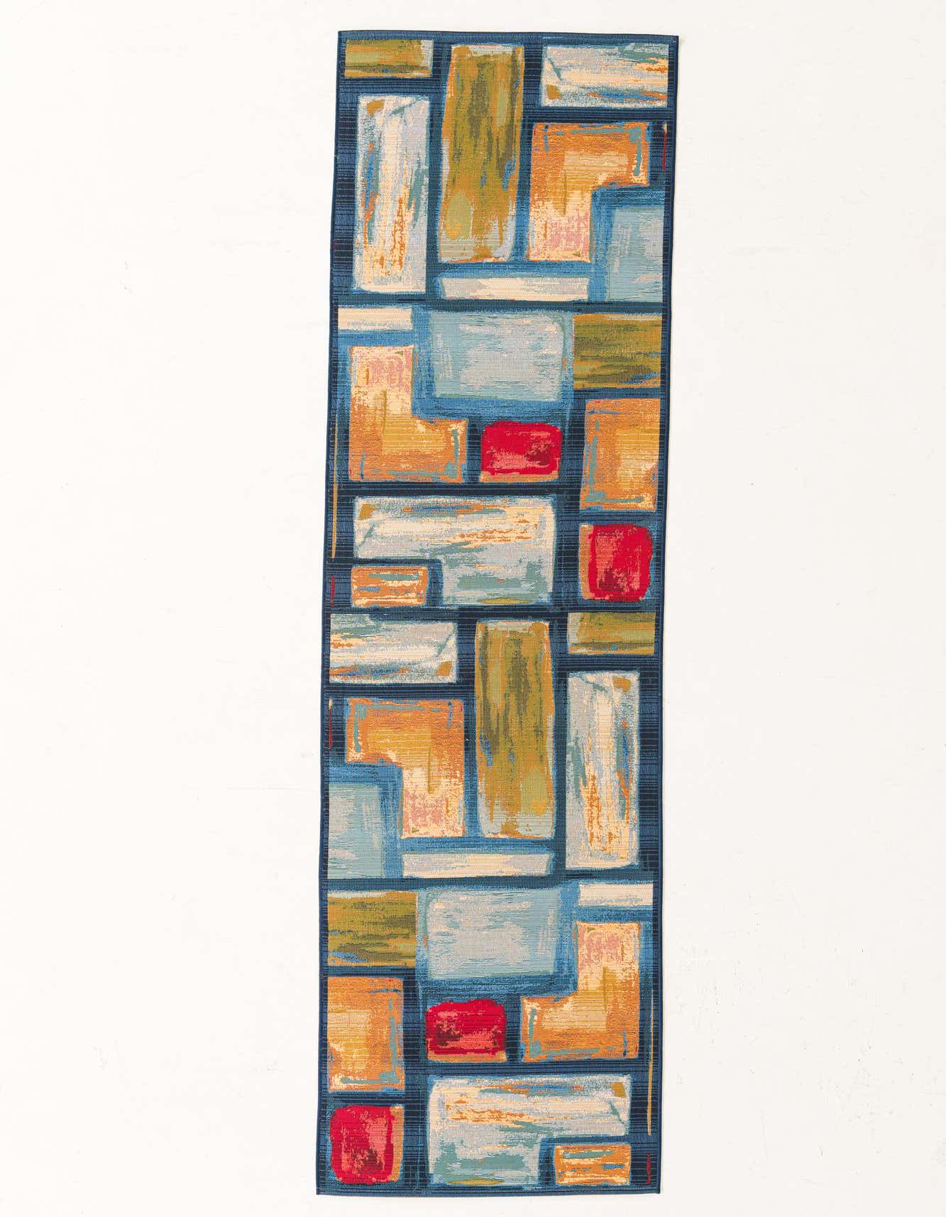 A multi-colored 11 ft runner rug featuring an abstract, modern block pattern in shades of blue, orange, green, and red, suitable for a hallway or patio.