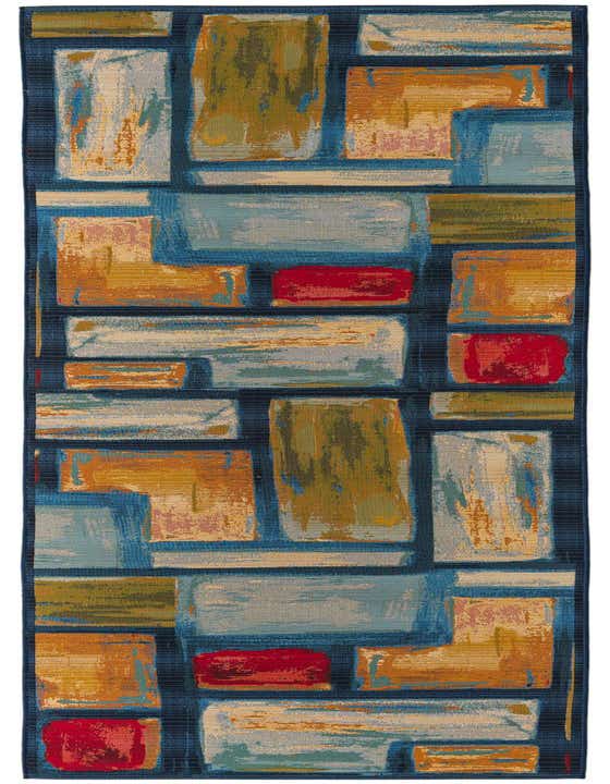 A 12 ft multi-colored modern runner rug featuring an abstract geometric pattern with blocks of blue, orange, red, and green on a dark blue background.