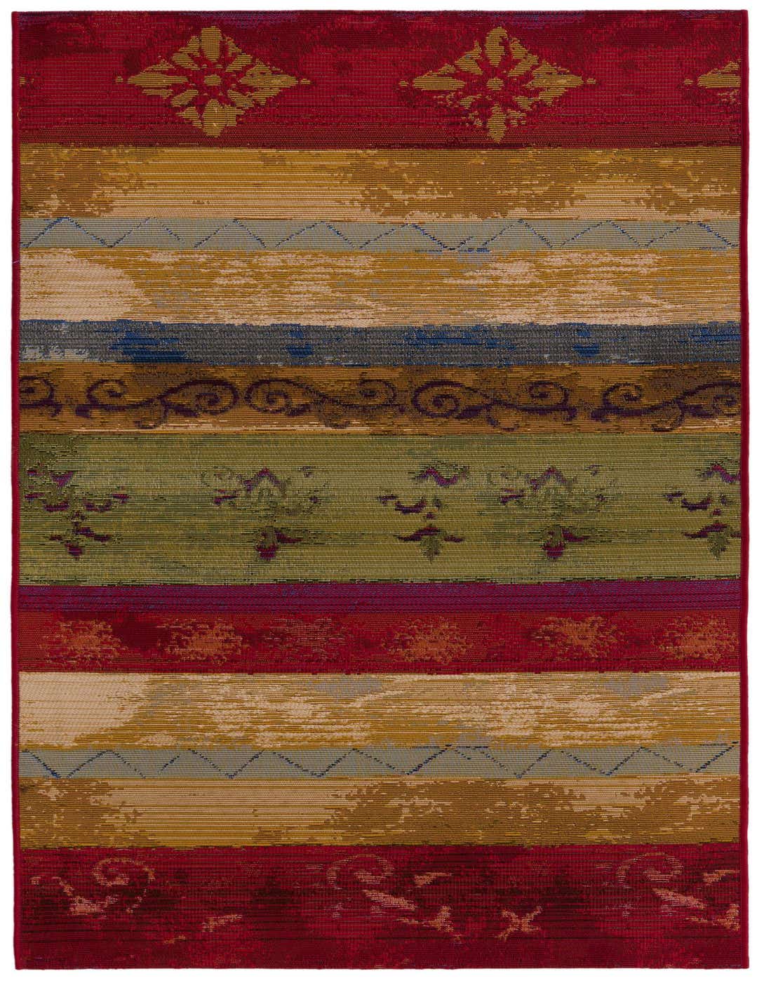 A 7 ft multi-colored runner rug featuring bohemian stripes, botanical motifs, and modern patterns, ideal for a hallway or patio.