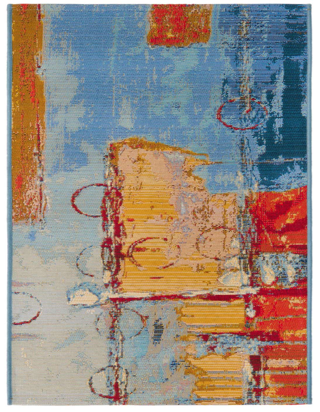 A 4 ft runner rug with a vibrant, multi-colored abstract pattern featuring shades of blue, red, orange, and gold, ideal for a hallway or patio.