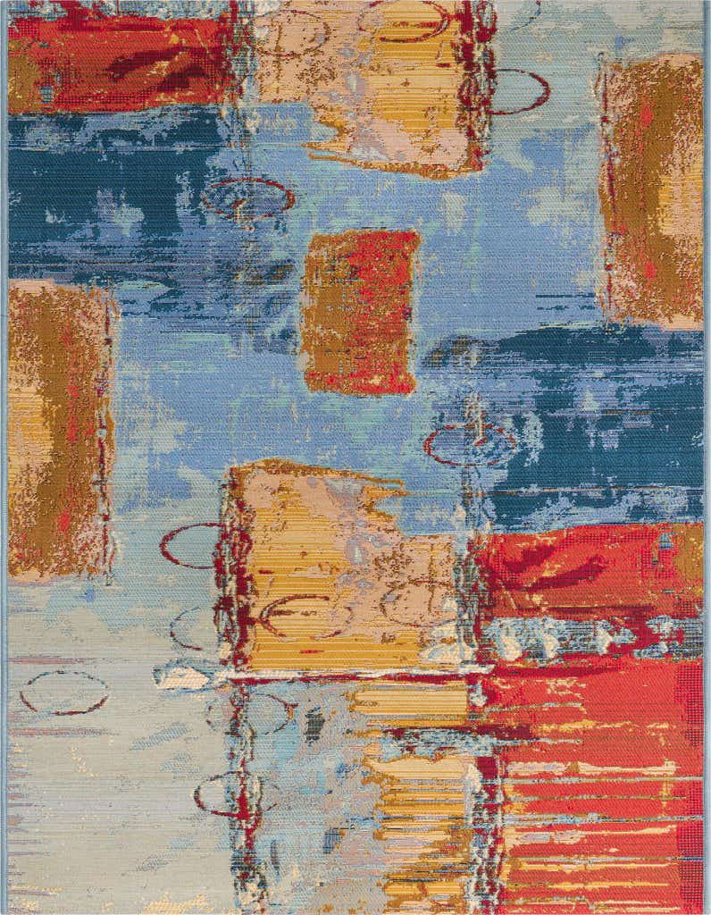 A vibrant 7 ft runner rug featuring an abstract, multi-colored pattern with blocks of red, blue, and gold, suitable for a hallway or patio.