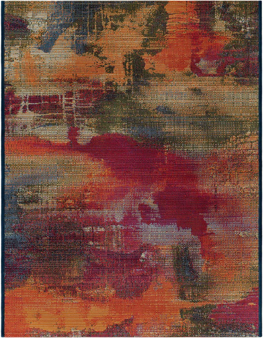 A 5 ft runner rug with a vibrant, multi-colored abstract pattern in shades of red, orange, blue, and green, suitable for a hallway or patio.