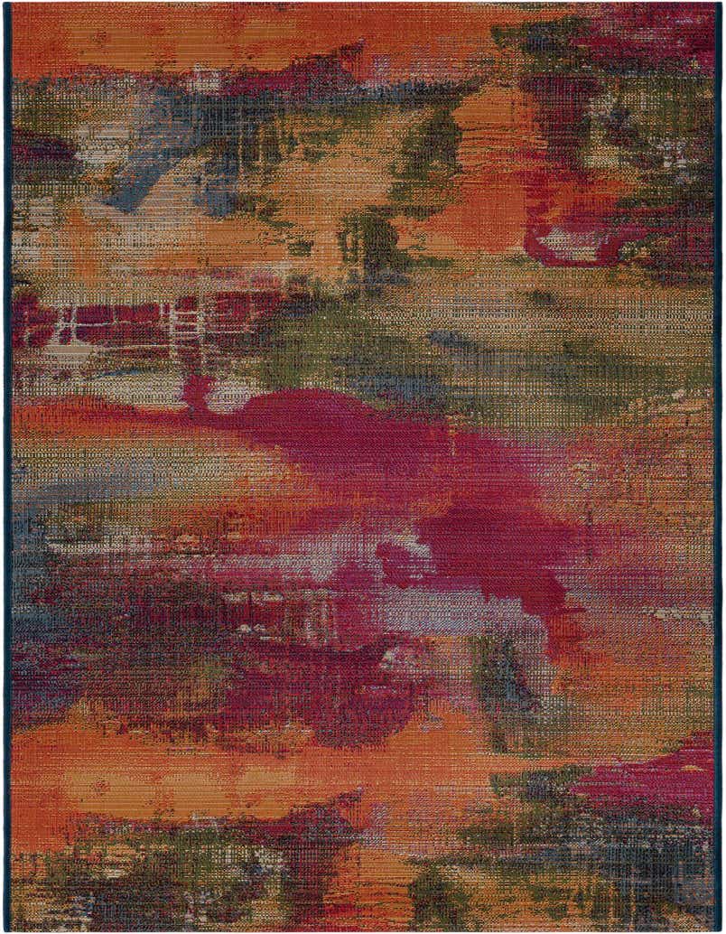 A 7 ft multi-colored runner rug with an abstract modern pattern featuring shades of orange, red, green, and blue.